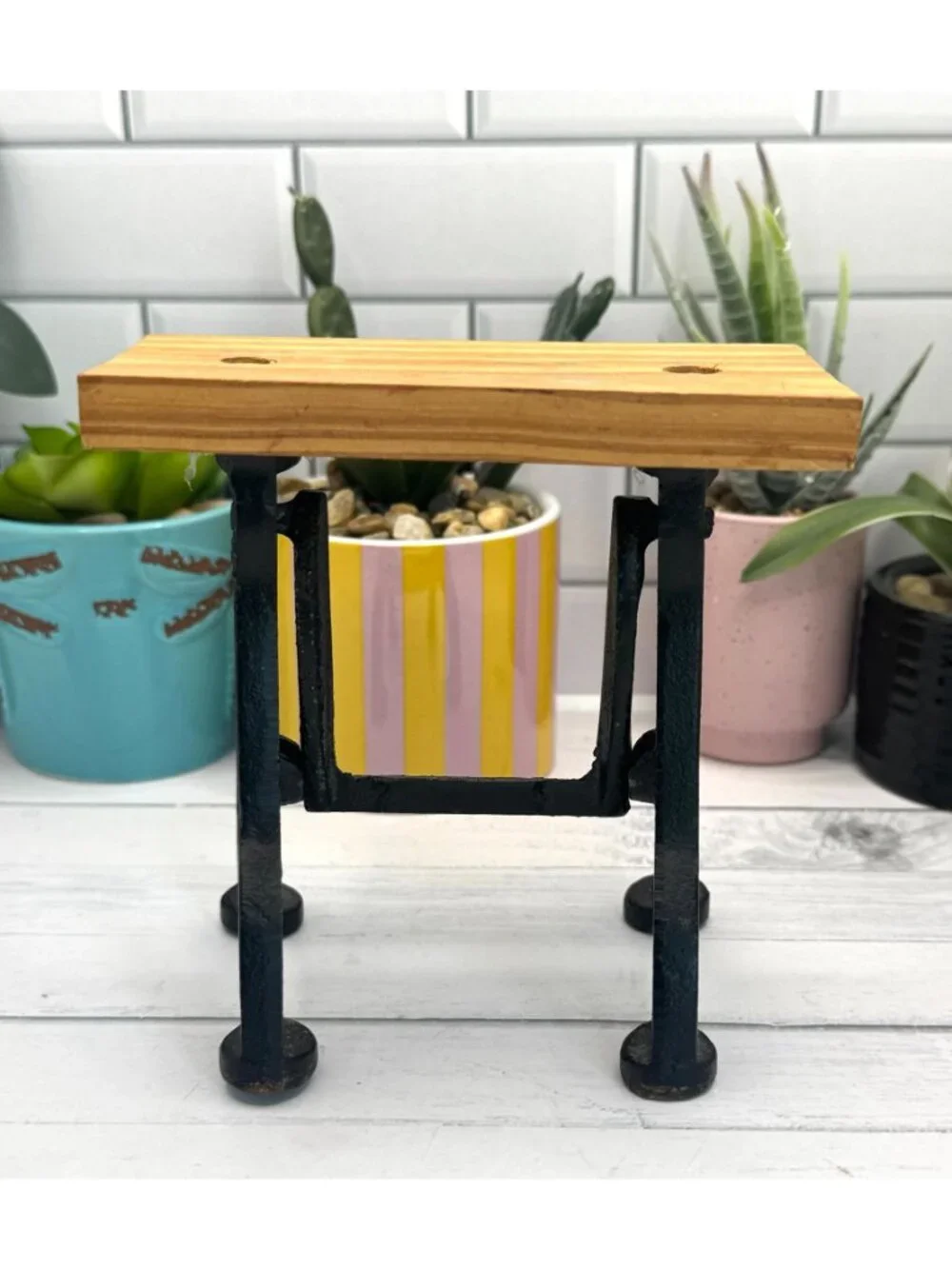 Miniature Vtg.-Style Cast Iron Table With Wooden Top Dollhouse Furniture Accents